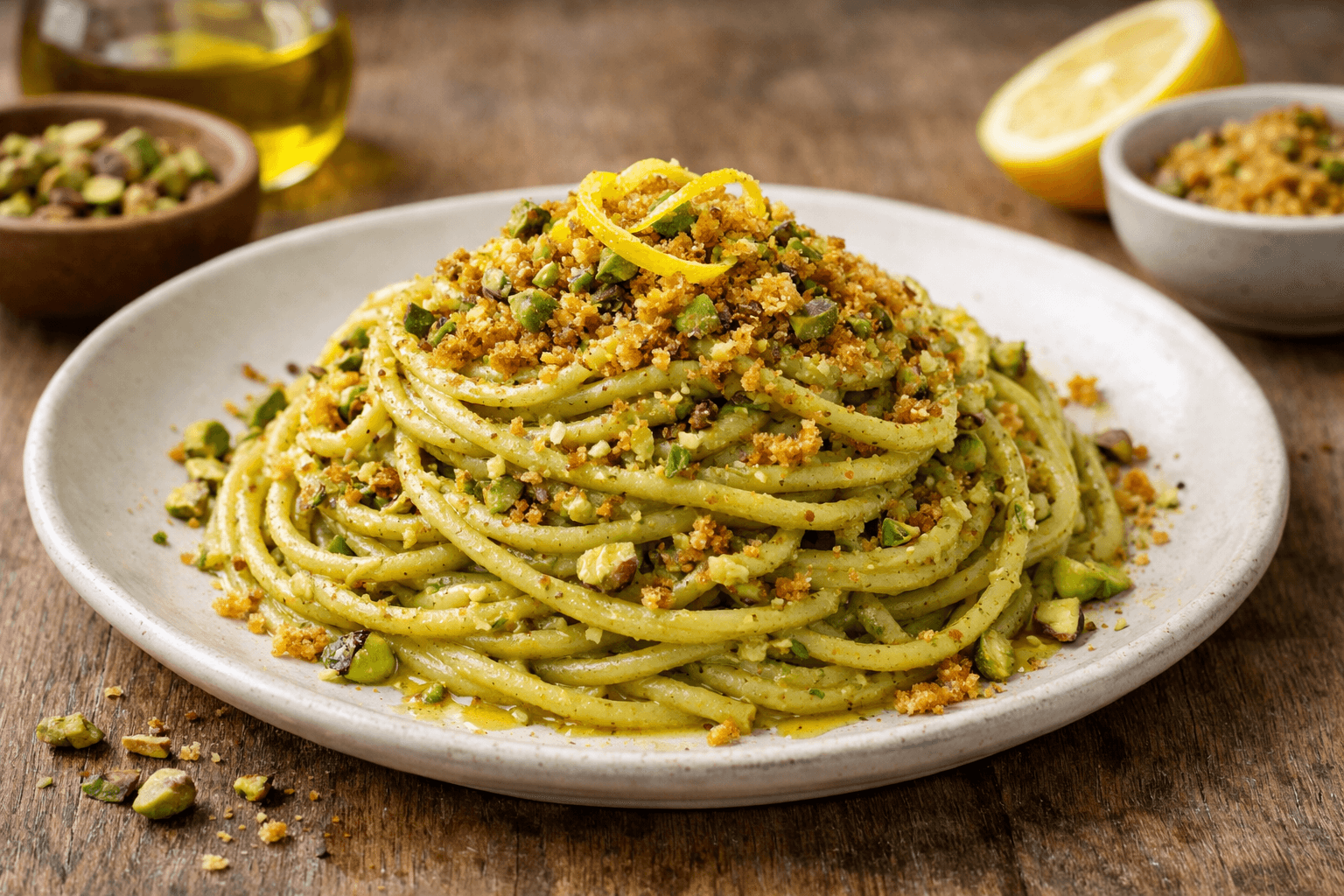 Spaghetti al pesto di pistacchio e pangrattato croccante