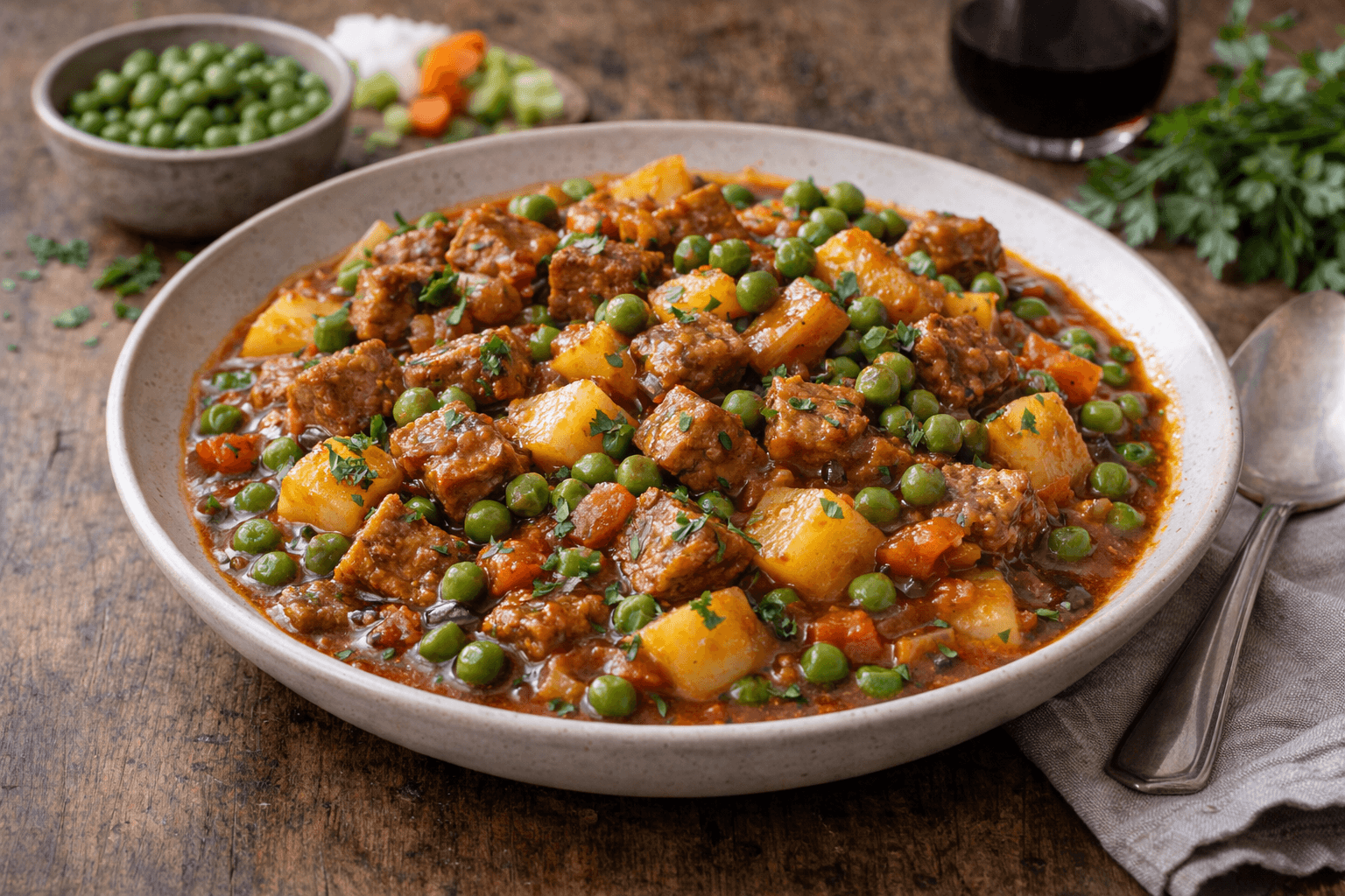 Spezzatino di seitan con patate e piselli