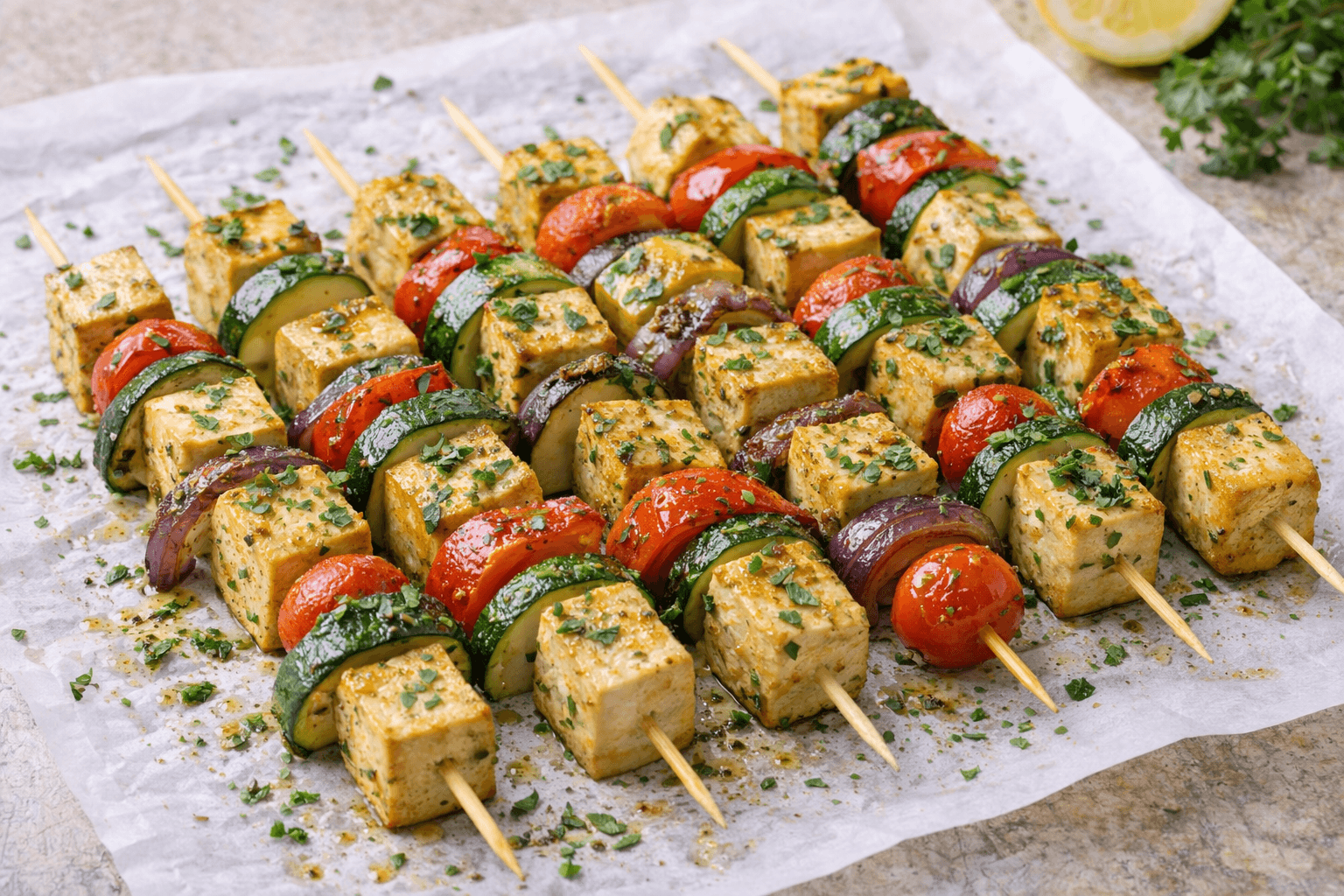 Spiedini di verdure e tofu marinato al forno