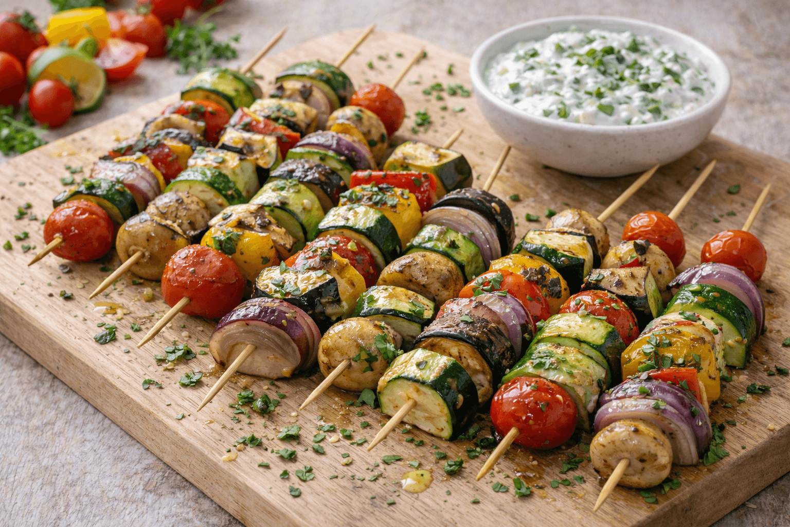 Spiedini di verdure grigliate con salsa allo yogurt di soia