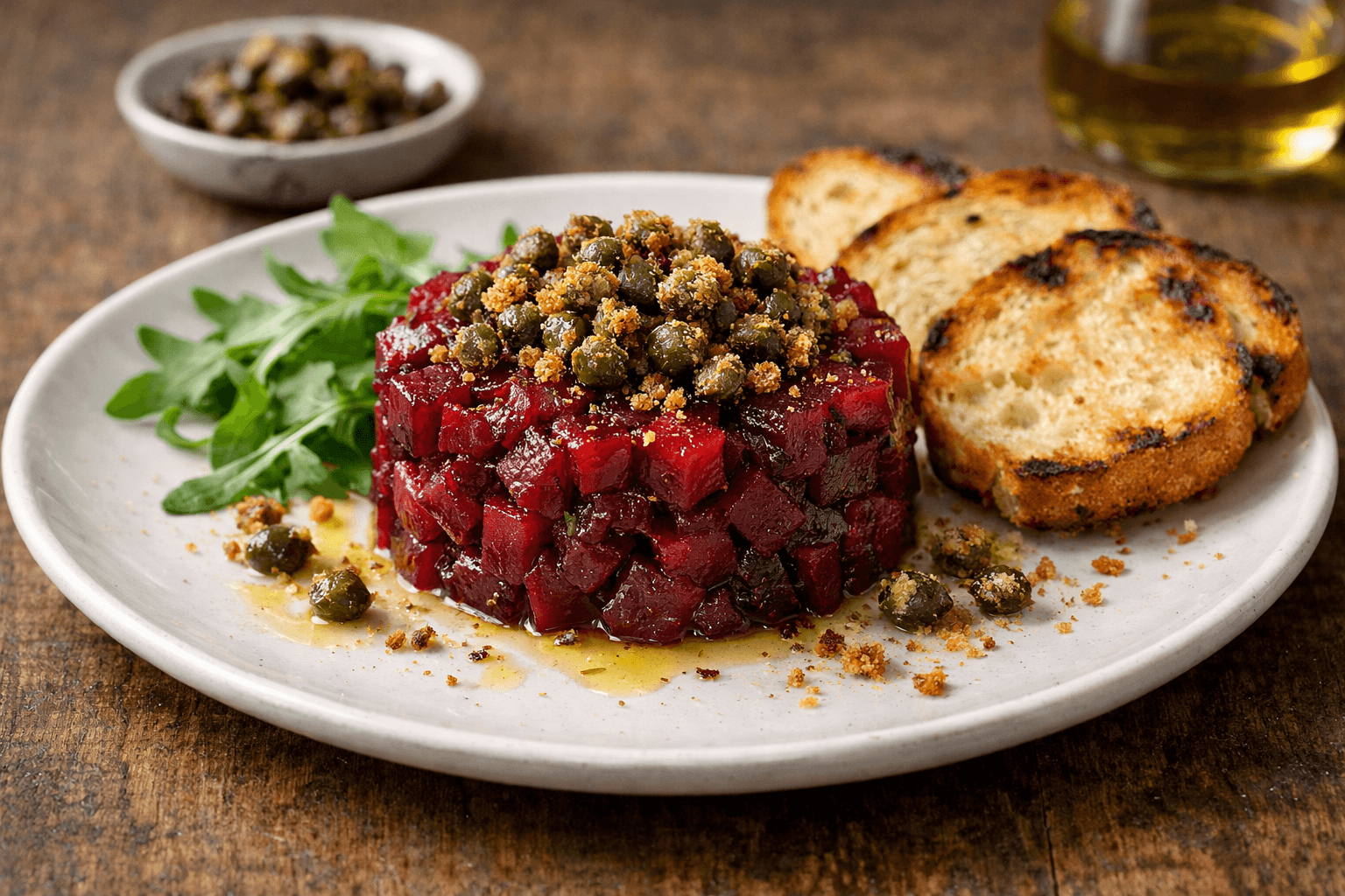 Tartare di barbabietola affumicata con capperi croccanti