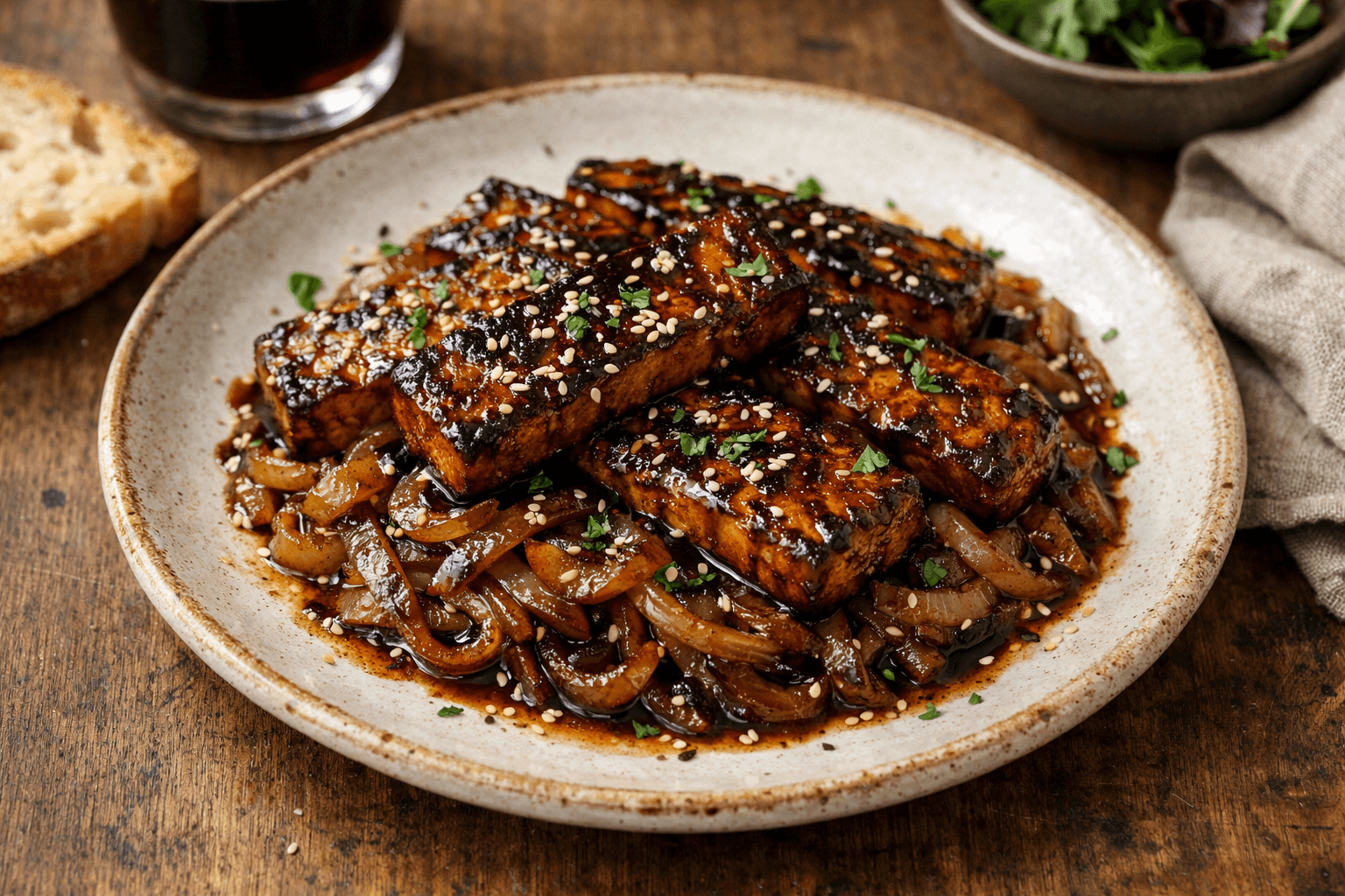 Tempeh glassato alla birra con cipolle caramellate