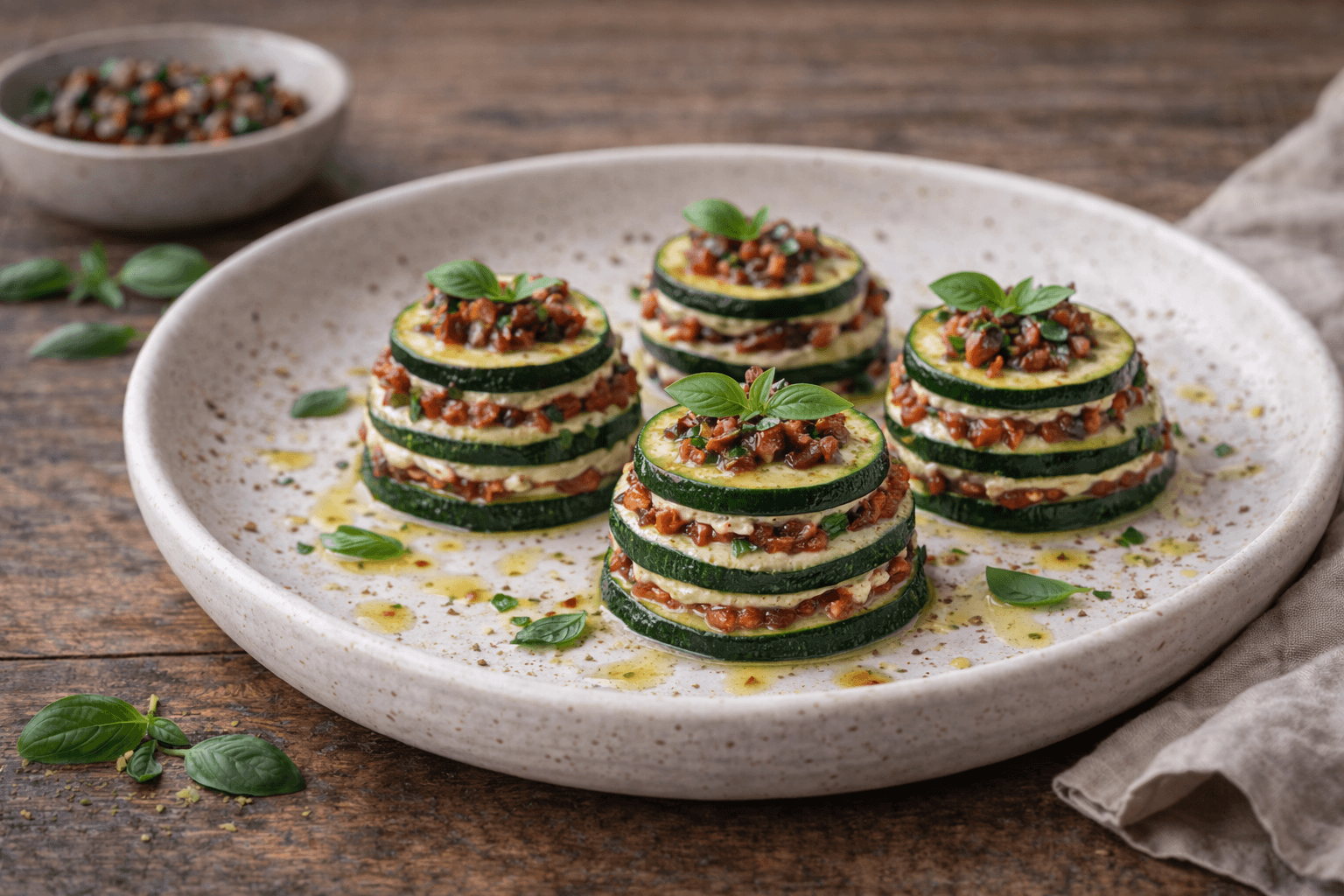 Torrette di zucchine, pomodoro secco e crema di anacardi