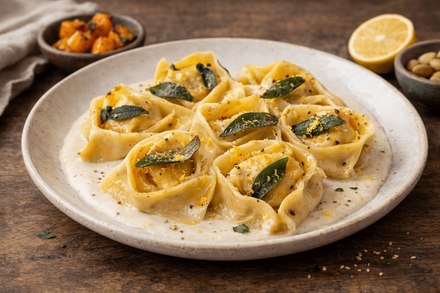 Tortelloni ripieni di crema di zucca e salvia con salsa di mandorle