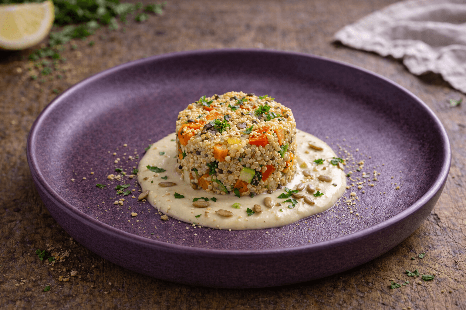 Tortino di quinoa e verdure con crema al tahini