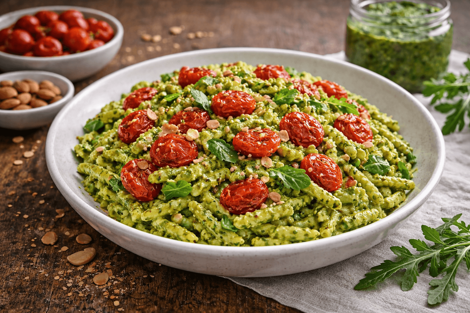 Trofie al pesto di rucola e mandorle con pomodorini confit