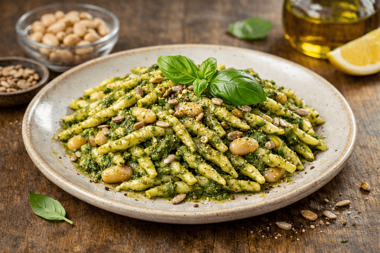 Trofie al pesto proteico con fagioli e semi